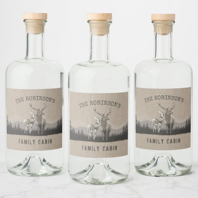 Family Cabin Deer Pine Tree Forest Burlap Labels (Bottles)