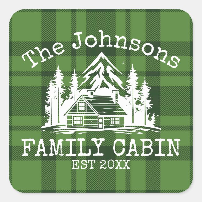 Family Cabin Green Plaid Themed Name Personalised Square Sticker (Front)