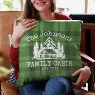 Family Cabin Green Plaid Themed Name Personalized Cushion