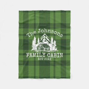 Family Cabin Green Plaid Themed Name Personalized Fleece Blanket