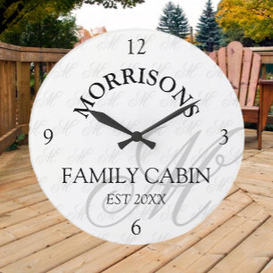 Family Cabin Monogram Pattern Round Clock