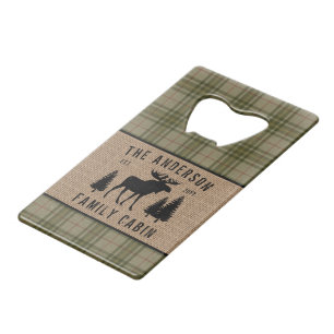Family Cabin Moose Pine Trees Green Plaid Burlap