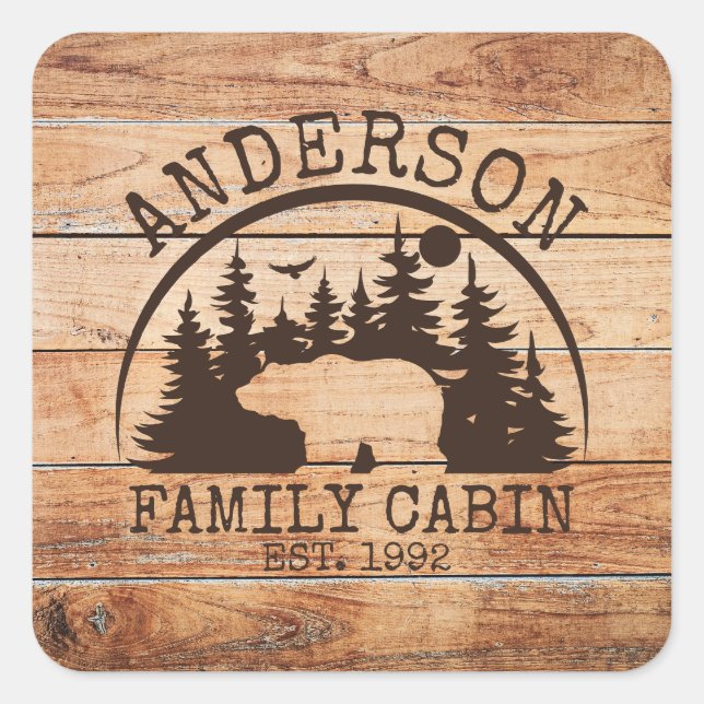  Family Cabin Name Personalised Rustic wooden Square Sticker (Front)