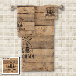 Family Cabin Name Rustic Wood Personalised Bath Towel Set