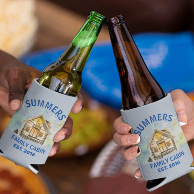 Family Cabin Name Watercolor Forest Can Cooler (Creator Uploaded)