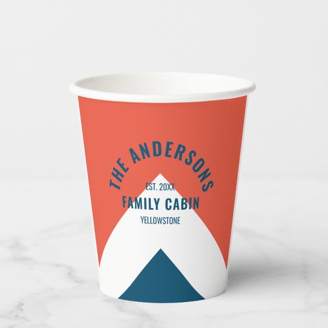 Family Cabin Personalised Name Navy Red Retro Paper Cups (Front)