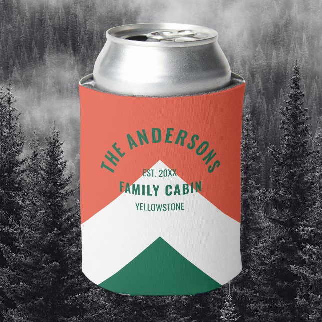 Family Cabin Personalised Name Red Green Retro Can Cooler (Creator Uploaded)