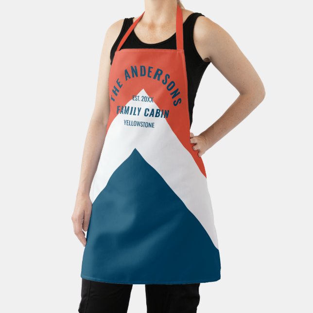 Family Cabin Personalised Name Red Navy Retro Apron (Insitu)