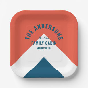 Family Cabin Personalised Name Red Navy Retro Paper Plate