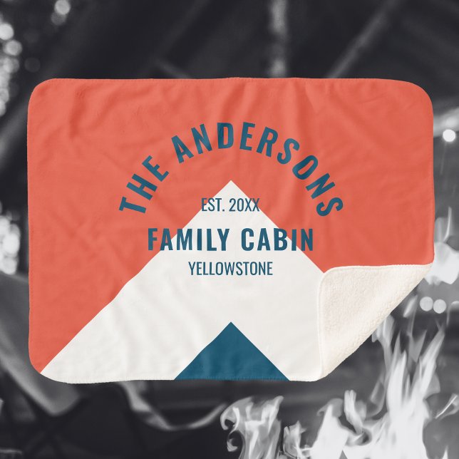 Family Cabin Personalised Name Red Navy Retro Sherpa Blanket (Creator Uploaded)