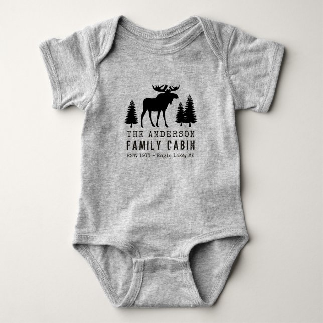 Family Cabin Rustic Moose Pine Tree Silhouette Baby Bodysuit (Front)