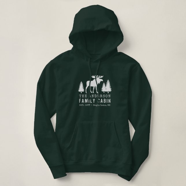 Family Cabin Rustic Moose Pine Trees Silhouette Hoodie (Design Front)