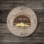 Family Cabin Rustic Retro Trees Family Name<br><div class="desc">Transform your home into a cosy retreat with our Family Cabin Rustic Retro Trees Family Name Large Clock. This charming timepiece brings the rustic beauty of the great outdoors right into your living space. Featuring a vintage-inspired design with rustic retro trees, it adds a touch of nostalgia to any room....</div>
