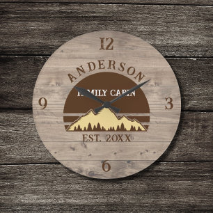 Family Cabin Rustic Retro Trees Family Name Large Clock