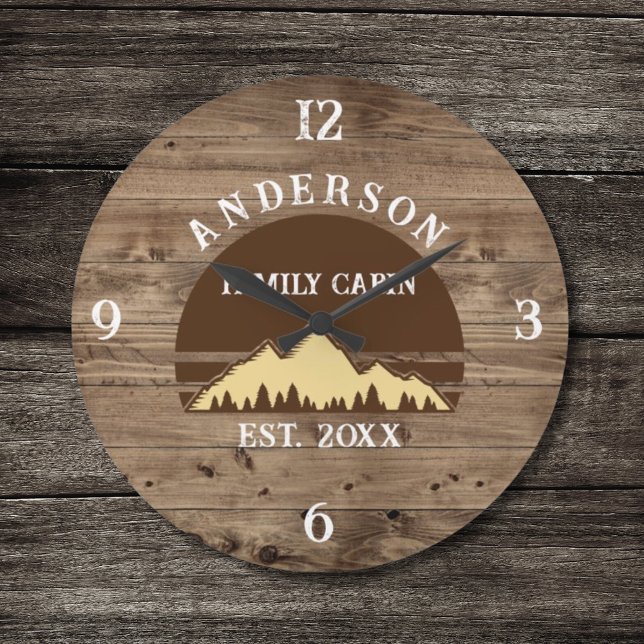 Family Cabin Rustic Retro Trees Family Name  Large Clock (Creator Uploaded)