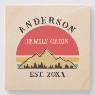 Family Cabin Rustic Retro Trees Family Name Stone Coaster