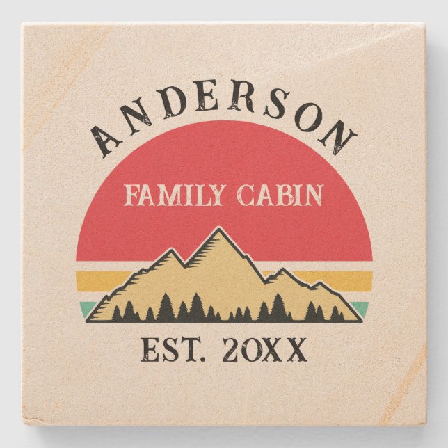Family Cabin Rustic Retro Trees Family Name  Stone Coaster (Front)