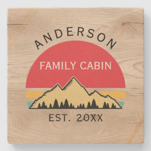 Family Cabin Rustic Retro Trees Family Name  Stone Coaster
