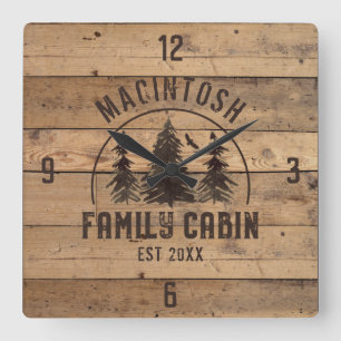 Family Cabin Rustic Wood Forest Trees Personalised Square Wall Clock