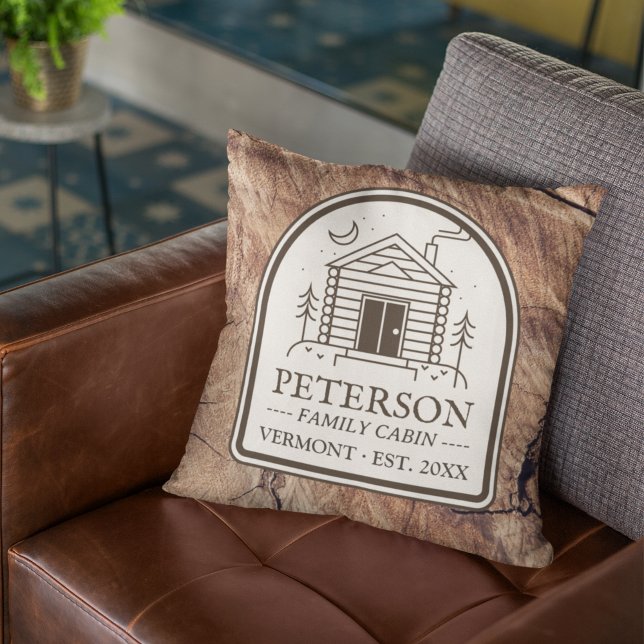 Family Cabin Rustic Wood Personalised Decor Cushion (Rustic Family Cabin Decor Custom Throw Pillow with Family Name Wood Vintage Retro Brown)
