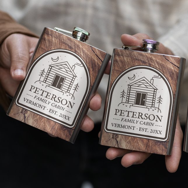 Family Cabin Rustic Wood Personalised Decor Hip Flask (Family Cabin Personalized Custom Flask Gift for Dad Rustic Wood )