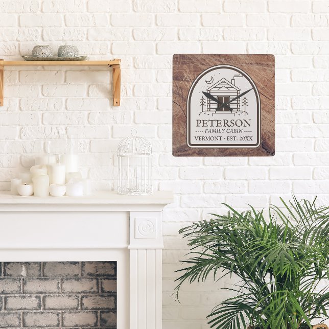 Family Cabin Rustic Wood Personalised Decor Square Wall Clock (Family Cabin Custom Personalized Rustic Clock )