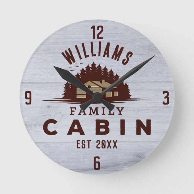 Family Cabin Rustic Wood Personalised Round Clock (Front)