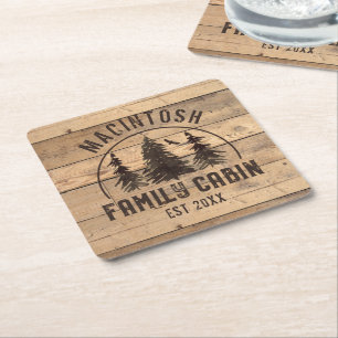 Family Cabin Rustic Wood Personalised Square Paper Coaster