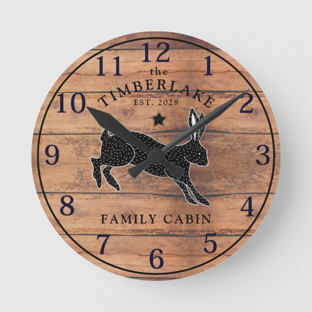 Family Cabin Rustic Wood Personalised Wall Clock (Front)