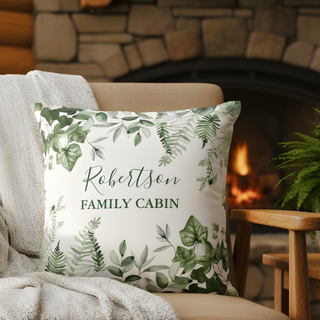 Family Cabin Watercolor Ivy Sage Ferns Botanical Cushion (Customize to change text size, style or color.)