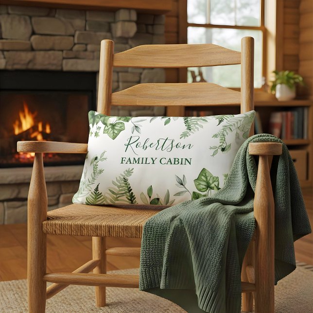 Family Cabin Watercolor Ivy Sage Ferns Botanical Lumbar Cushion (Customize to change color, size or style.)