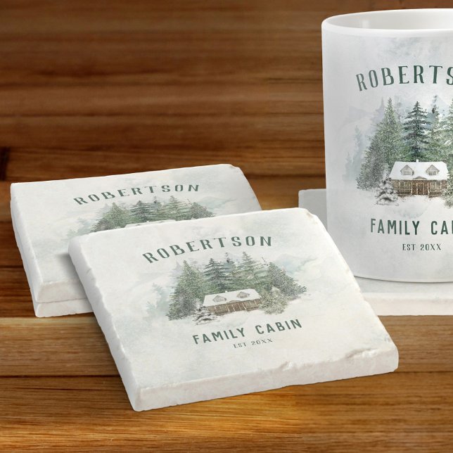 Family Cabin Watercolor Winter Pine Forest Stone Coaster (Creator Uploaded)