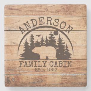 Family Cabin wooden Name Personalised Rustic Stone Coaster