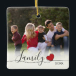 Family Calligraphy Heart Photo Christmas Ceramic Ornament<br><div class="desc">This square Christmas tree ornament is a perfect heartfelt gift for any family. It features a square photo frame with trendy handwritten calligraphy text, across the bottom, reads: Family (year). The text is accented with a hand drawn red heart. The design appears on both sides of the ornament. Photography ©...</div>