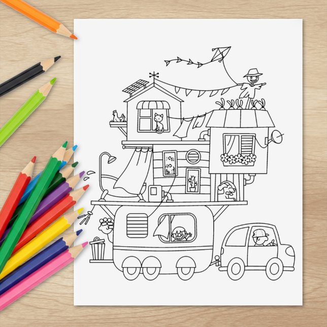 Family Camping Trailer Colouring Page Rubber Stamp (Creator Uploaded)