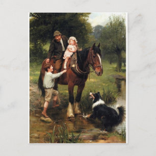 family children collie dog horse boy girl postcard
