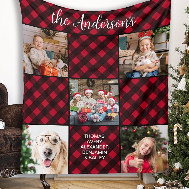 Family Christmas 5 Photo Collage Custom Red Plaid Fleece Blanket (Creator Uploaded)