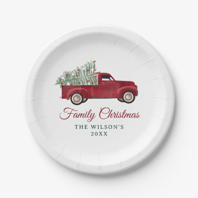 Family Christmas Antique Pickup Truck Xmas Tree Paper Plate (Front)