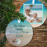 Family Christmas Beach Shells Photo Ornament<br><div class="desc">Family beach vacation keepsake ornament for the Christmas tree.  Tropical blue ocean water and beach sand with shells is the design on this round ornament.  Customise with text on one side and a photo on the other.  Starfish and and a sand dollar decorate the front.</div>