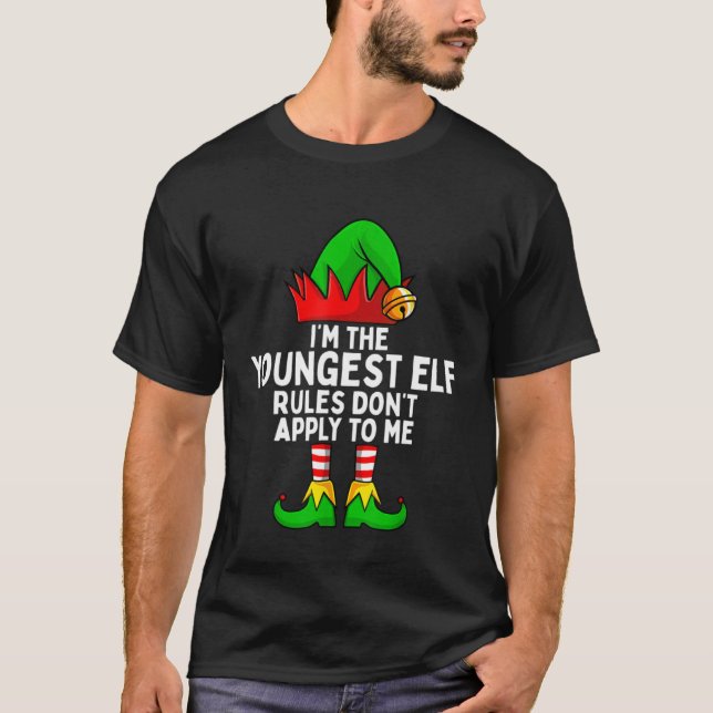 Family Christmas  Boys Girls  Youngest Elf T-Shirt (Front)