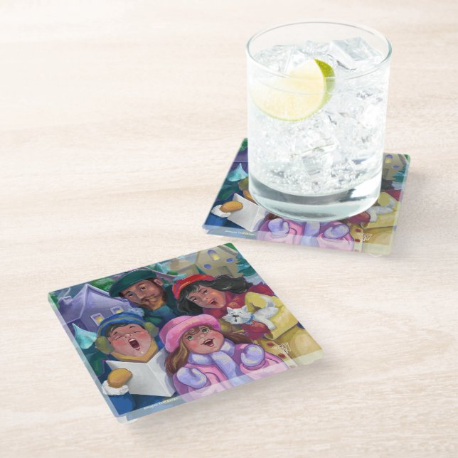 Family Christmas Caroling Glass Coaster (Angled)