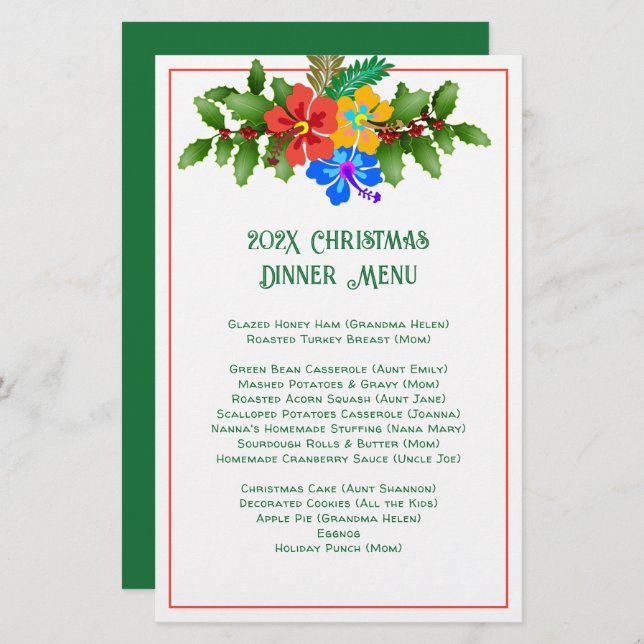 Family Christmas Dinner Hibiscus Menu Template (Front/Back)