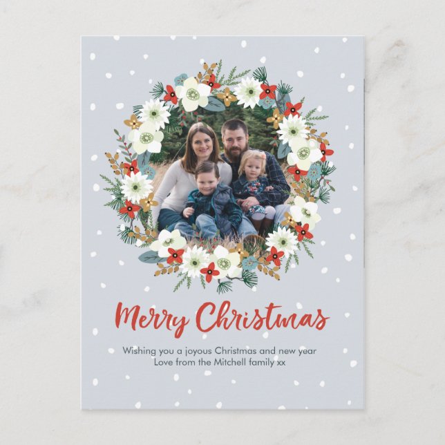 Family Christmas floral wreath card postcard (Front)