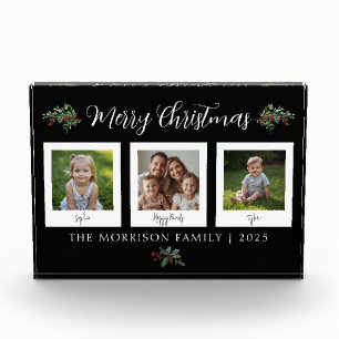 Family Christmas Greenery Black Photo Block