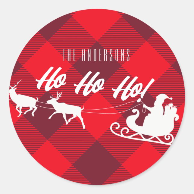 Family Christmas Ho Ho Ho! Santa Red Buffalo Plaid Classic Round Sticker (Front)