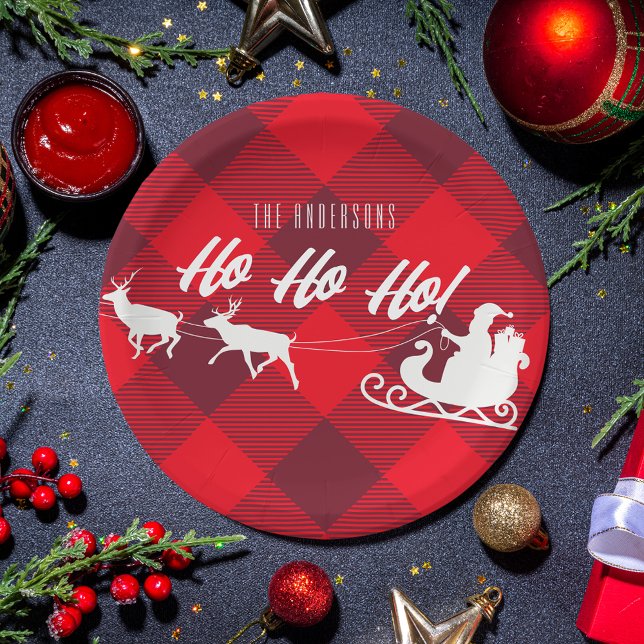Family Christmas Ho Ho Ho! Santa Red Buffalo Plaid Paper Plate (Creator Uploaded)