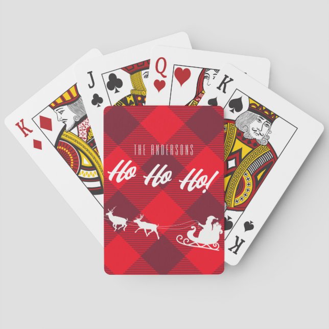 Family Christmas Ho Ho Ho! Santa Red Buffalo Plaid Playing Cards (Back)