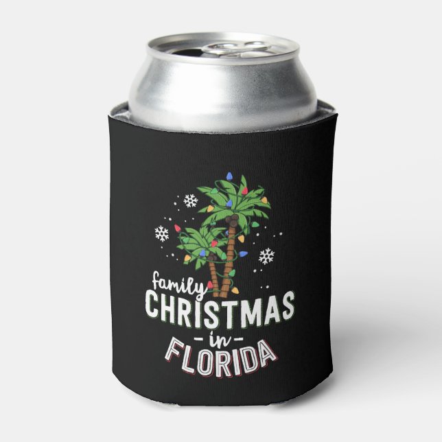 Family Christmas In Florida Palm Trees Xmas Beach Can Cooler (Can Front)