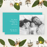 Family Christmas | Modern Turquoise Teal Photo Holiday Card<br><div class="desc">Stylish modern holiday photo flat greeting card with a classic typography quote "simply having a wonderful christmas time" with a dividing line and family name in white. The design features a striking turquoise teal aqua blue green eature colour! The photo, greeting and name can be easily customised for a design...</div>