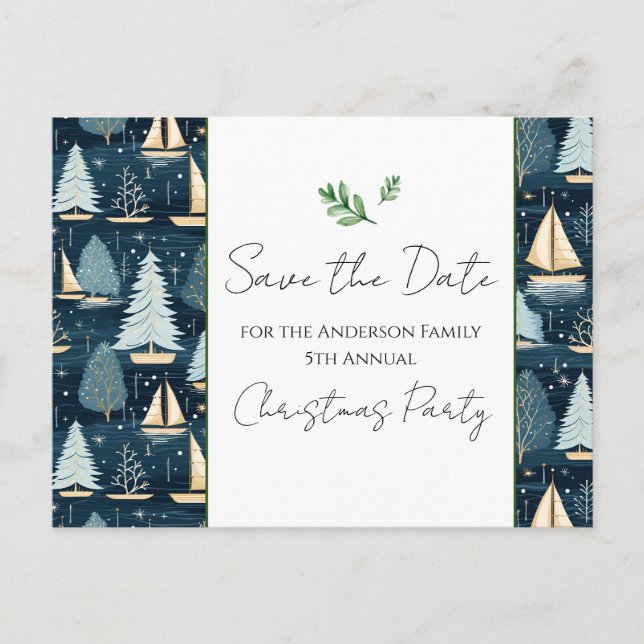 Family Christmas Party Sailboat Save the Date Postcard (Front)